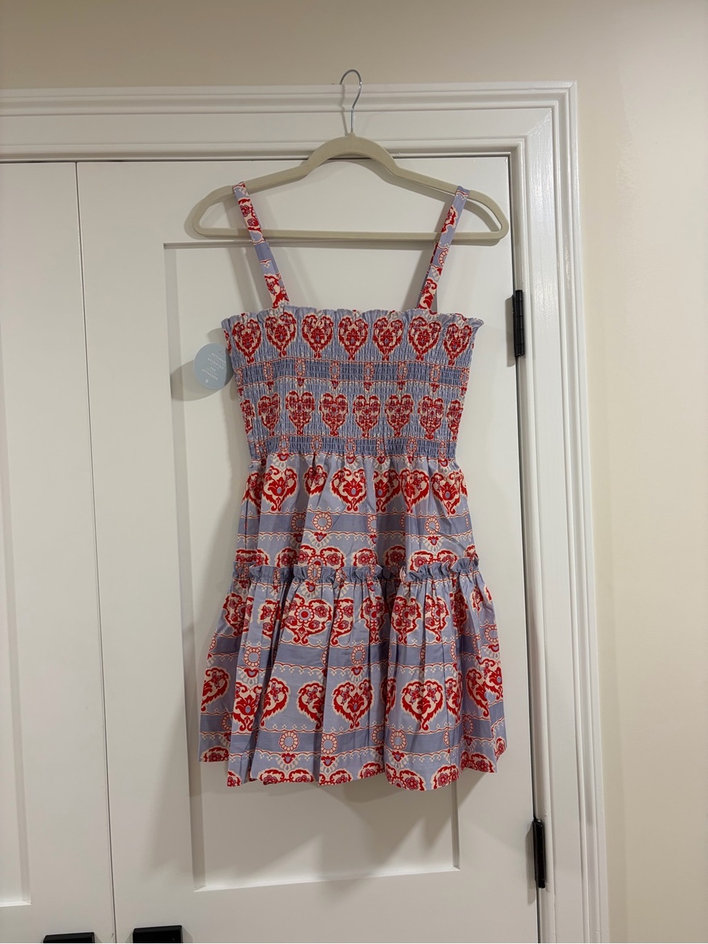 Hill House Nap Dress - Smocked Mini Dress with Red Heart Print on Light Blue